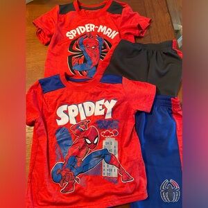Two sets of spiderman outfits- tshirt and short sets